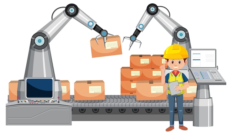 Vector concepto de industria de automatización con robots de línea de montaje