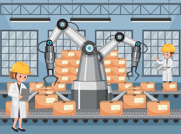 Concepto de industria de automatización con robots de línea de montaje