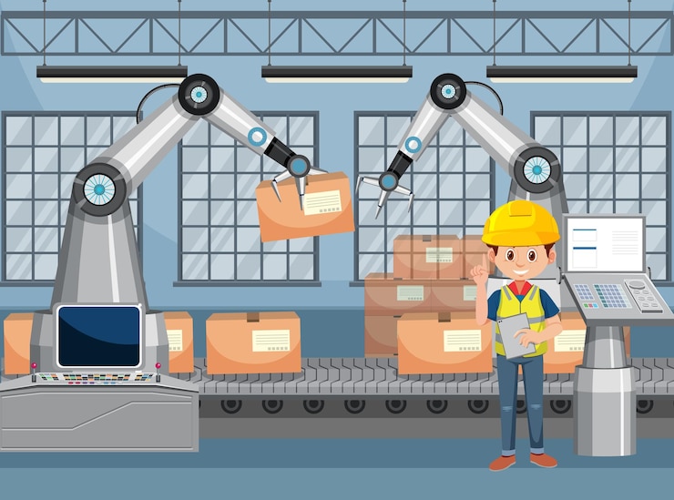 Vector concepto de industria de automatización con robots de línea de montaje