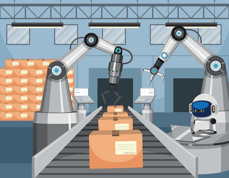 Vector concepto de industria de automatización con robots de línea de montaje