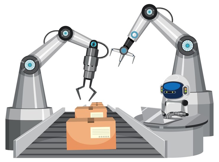 Vector concepto de industria de automatización con robots de línea de montaje