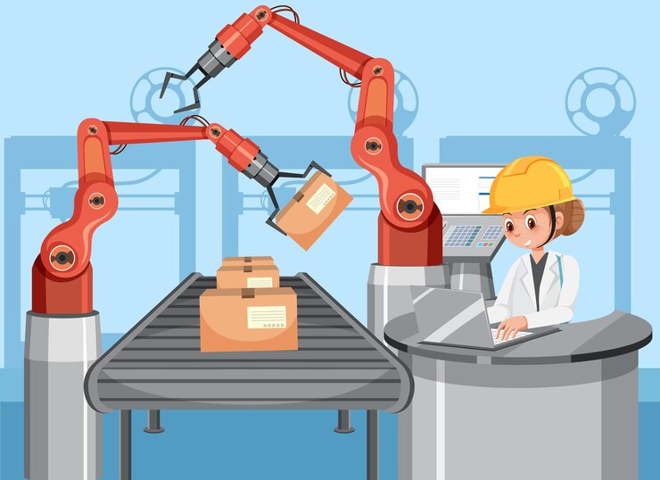 Vector concepto de industria de automatización con robots de línea de montaje