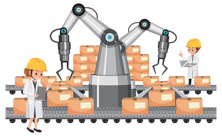 Vector concepto de industria de automatización con robots de línea de montaje