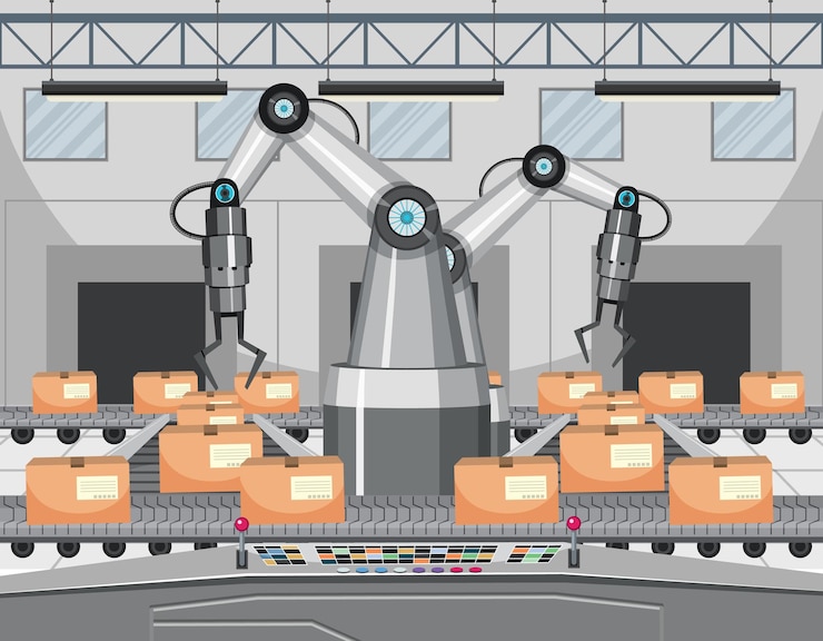 Vector concepto de industria de automatización con robots de línea de montaje