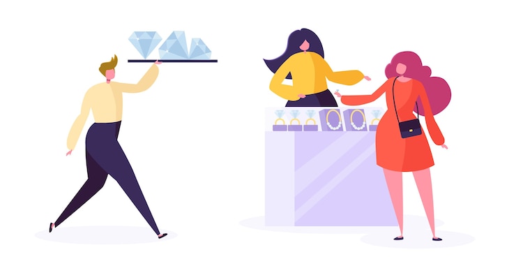 Vector concepto de industria de la joyería. vendedor joyero con diamantes en la tienda. carácter de mujer comprando joyas de lujo en la tienda de piedras preciosas.