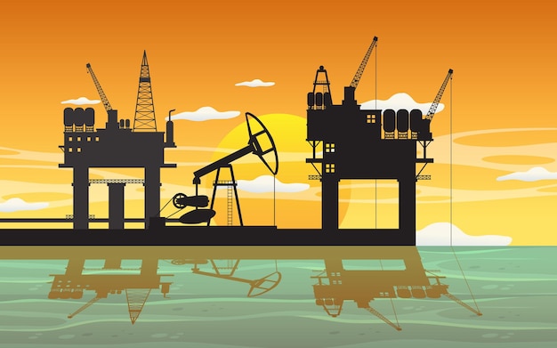 Vector concepto de industria petrolera con plataforma petrolera en alta mar