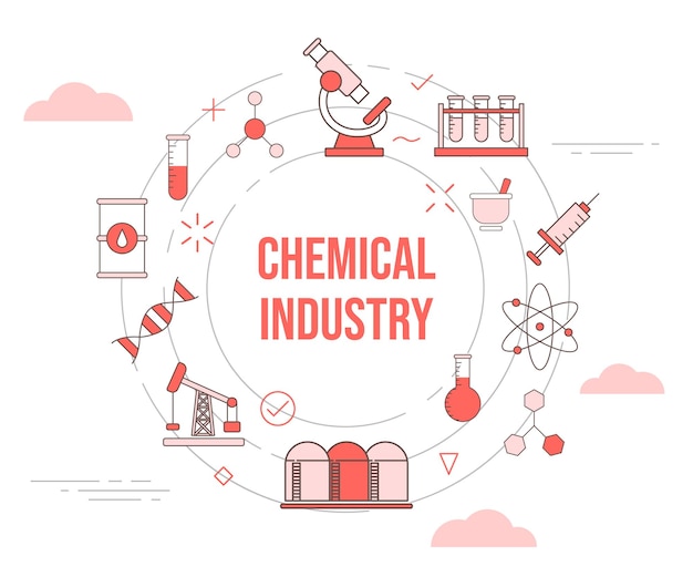 Concepto de industria química microscopio jeringa tanque de átomo combustible con icono de plantilla con forma redonda de círculo