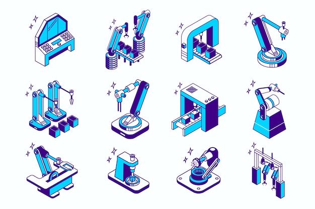 Concepto de la industria de la robotización Iconos isométricos 3D establecidos para el diseño de isometría web Colección de elementos de robots brazos robóticos embalaje transportador fabricación fábrica inteligente más Ilustración vectorial