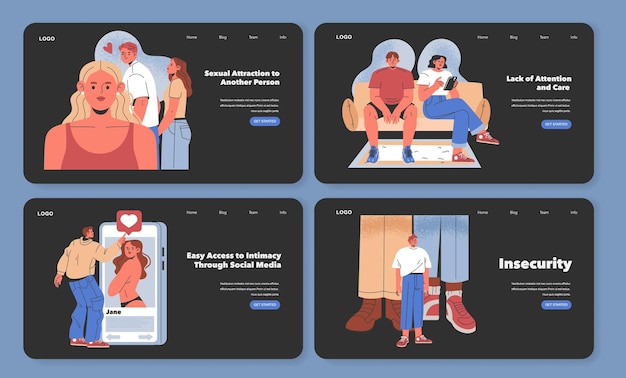 Concepto de infidelidad conjunto explorando razones para que los hombres engañen como la atracción sexual falta de cuidado social