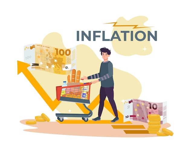 Concepto de inflación crecimiento de los precios de los alimentos hombre con un carrito de compras sorprendido por el costo de los productos