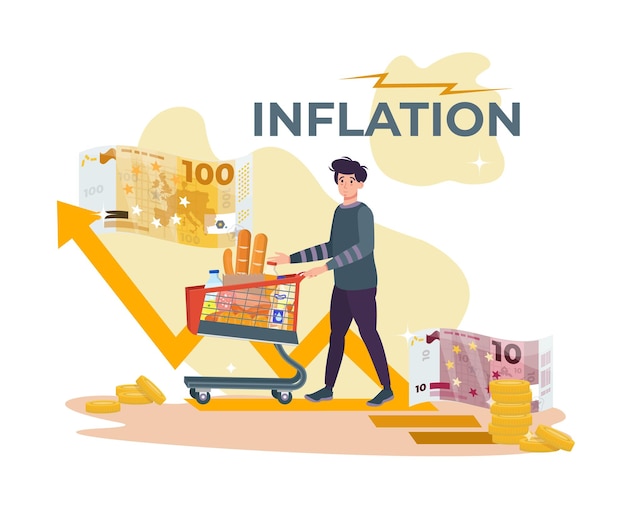 Concepto de inflación Crecimiento de los precios de los alimentos Hombre con un carrito de compras sorprendido por el costo de los productos