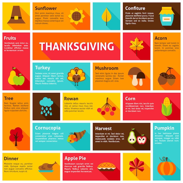 Concepto de infografía de acción de gracias. Ilustración de vector. Iconos de vacaciones de otoño.