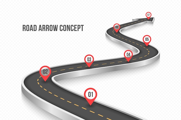 Concepto de infografía de carretera 3D sinuosa en un fondo blanco plantilla de línea de tiempo