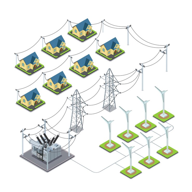 Vector concepto de infografía de ciclo de suministro de energía de pueblo verde de hélice de energía eólica.