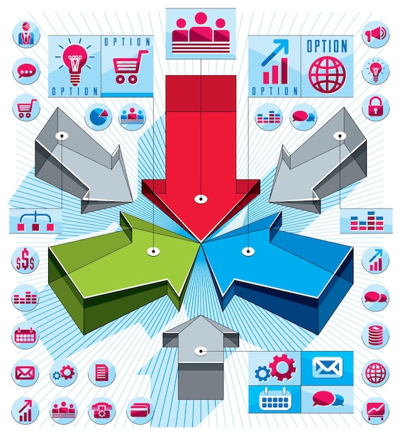 Concepto de infografía creativa, flechas 3d que apuntan a la idea central, ilustración vectorial.