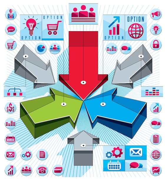 Vector concepto de infografía creativa, flechas 3d que apuntan a la idea central, ilustración vectorial.