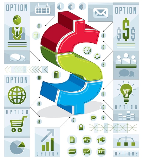 Vector concepto de infografía creativa, idea de signo de dólar en capas, ilustración vectorial.