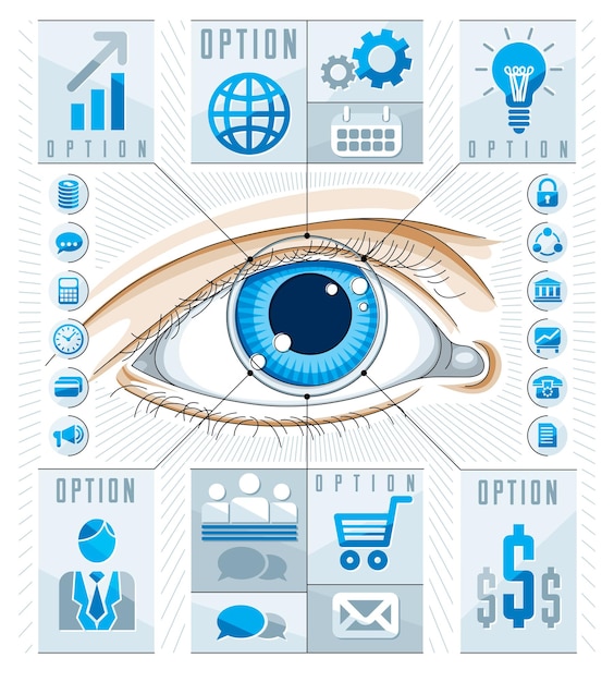 Concepto de infografía creativa, ojo humano, idea de ojo de mirada, ilustración vectorial.