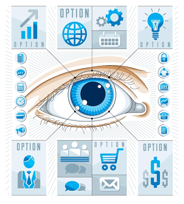 Vector concepto de infografía creativa, ojo humano, idea de ojo de mirada, ilustración vectorial.
