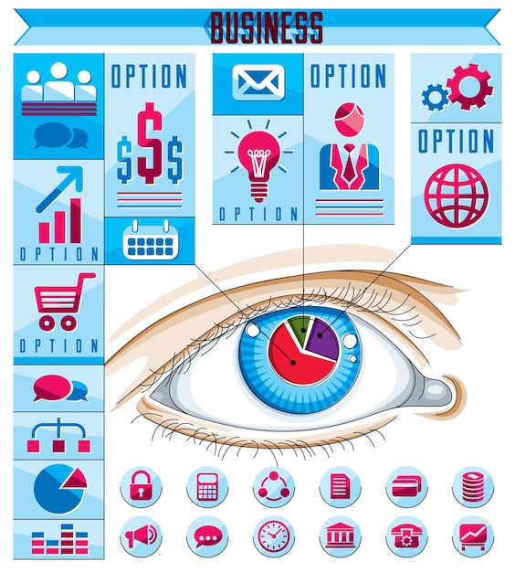 Concepto de infografía creativa, ojo humano, idea de ojo de mirada, ilustración vectorial.
