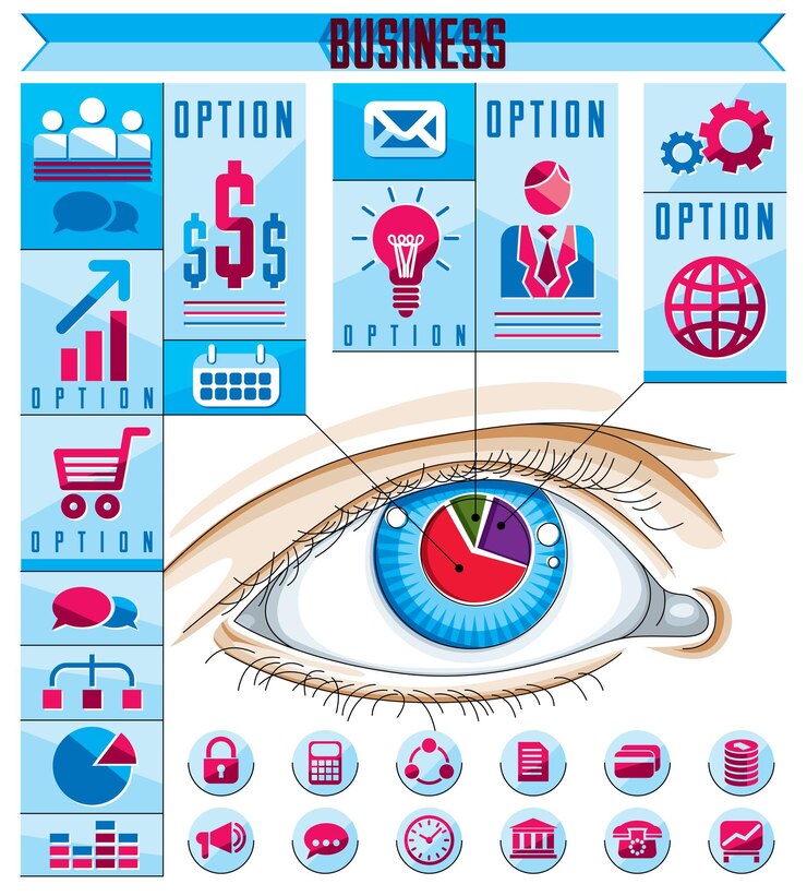 Vector concepto de infografía creativa, ojo humano, idea de ojo mirando, ilustración vectorial.