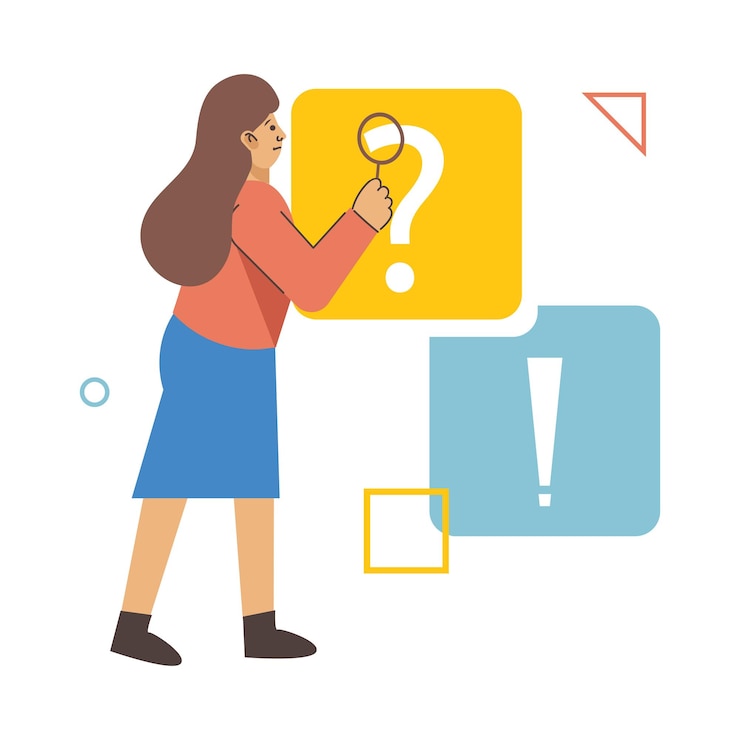 Vector concepto de infografía empresarial o educativa con mujer de negocios observando preguntas frecuentes con lupas