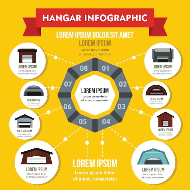 Concepto de infografía hangar, estilo plano.