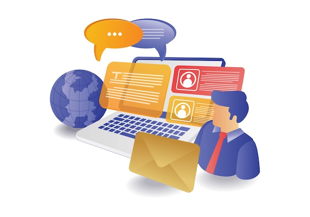 Concepto de infografía información en línea redes sociales conversación en computadora