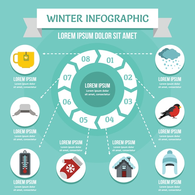 Vector concepto de infografía de invierno, estilo plano