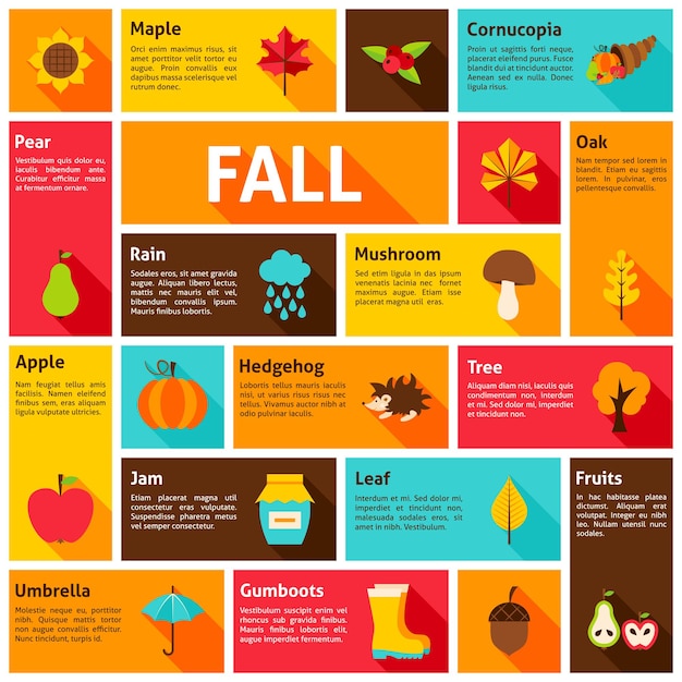 Concepto de infografía de otoño. Ilustración de vector. Iconos de temporada de otoño.