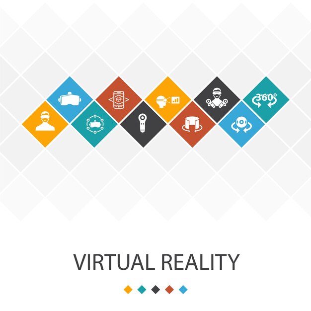 Concepto de infografía de plantilla de interfaz de usuario de moda de realidad virtual. Casco de realidad virtual, realidad aumentada, vista de 360 °, iconos de controlador de realidad virtual