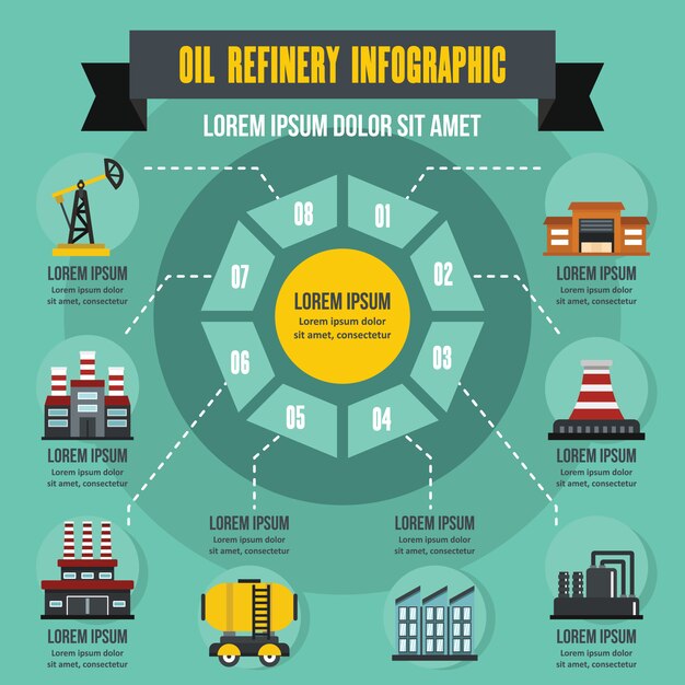 Concepto de infografía refinería de petróleo, estilo plano