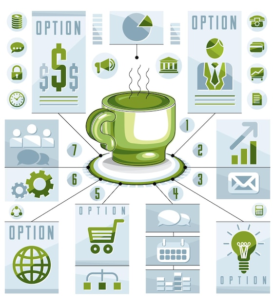 Concepto de infografía con taza caliente de té o café, idea de presentación visual de dibujo 3d, ilustración vectorial.