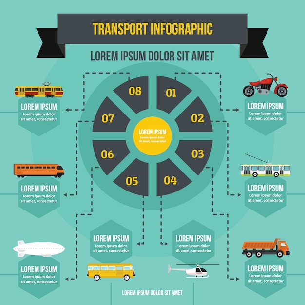 Concepto de infografía de transporte, estilo plano.