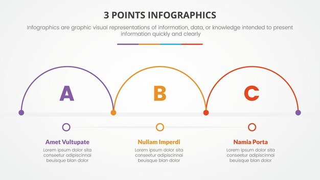 Concepto infográfico de 3 puntos o etapas con semicírculo circular para presentación de diapositivas