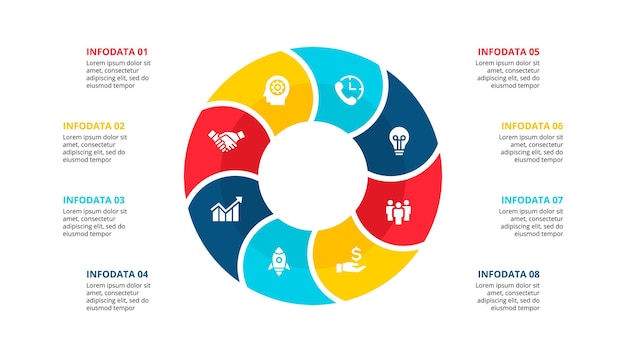 Vector concepto infográfico con 8 opciones, pasos o procesos de piezas.