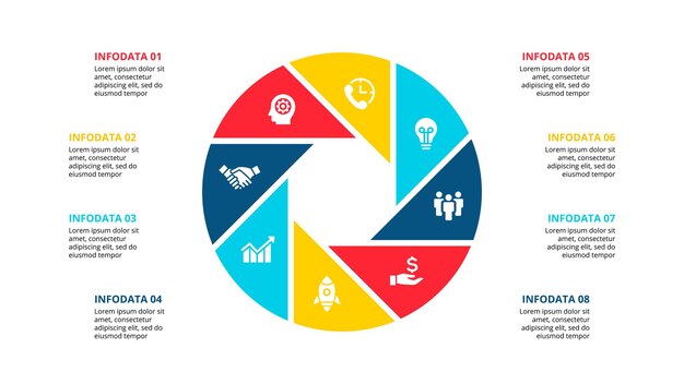 Concepto infográfico con 8 opciones, pasos o procesos de piezas.