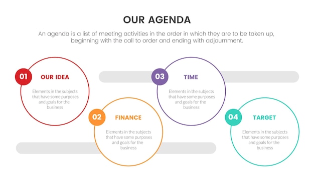 Concepto infográfico de agenda para presentación de diapositivas con lista de 4 puntos y dirección horizontal circular