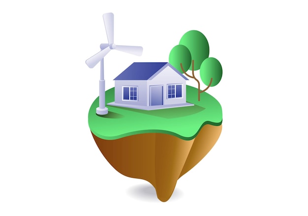 Concepto infográfico de casa minimalista ecológica con energía eléctrica de molino de viento