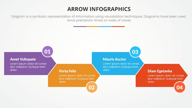 Concepto infográfico de forma de flecha con dirección correcta para presentación de diapositivas con lista de 4 puntos