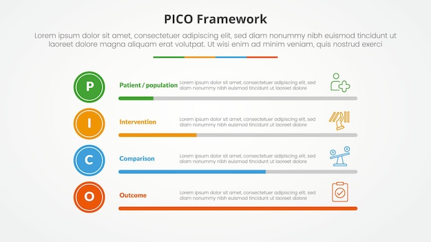 Concepto infográfico del marco PICO para la presentación de diapositivas con porcentaje de barra horizontal con lista de 4 puntos con estilo plano