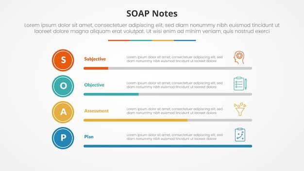 Concepto infográfico de nota SOAP para la presentación de diapositivas con porcentaje de barra horizontal con lista de 4 puntos con estilo plano