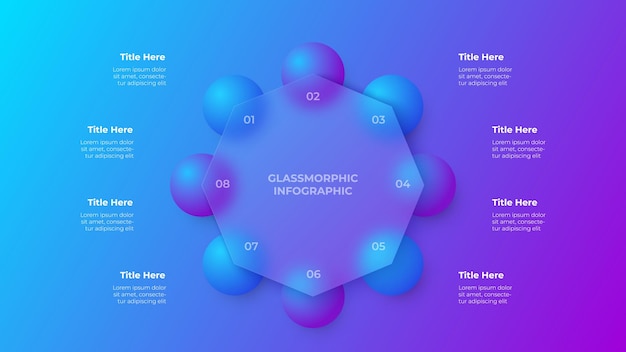 Concepto infográfico de octágono de morfismo de vidrio con formas geométricas 3d efecto de vidrio esmerilado ilustración sobre fondo de vector degradado borroso