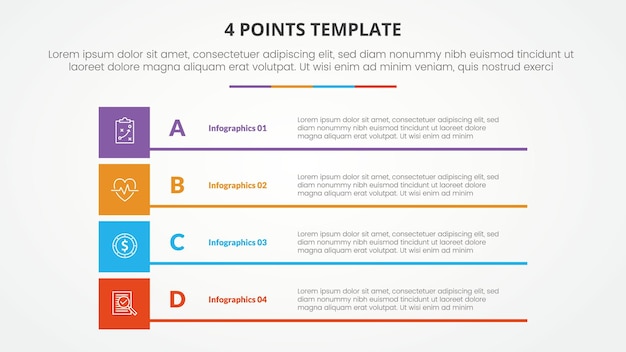 Concepto infográfico de plantilla de escenario de 4 puntos para presentación de diapositivas con lista de 4 puntos de rectángulo creativo en caja con vector de estilo plano