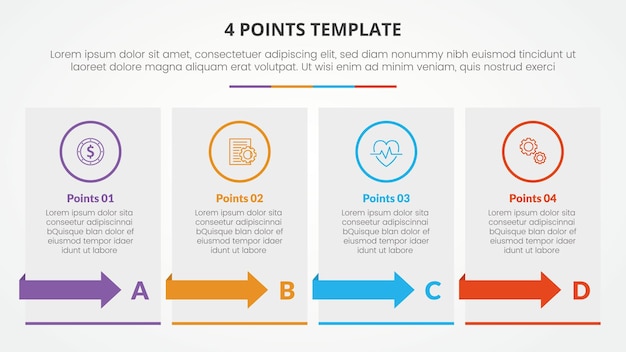 Concepto infográfico de plantilla de escenario de 4 puntos para presentación de diapositivas con tabla de cuadro con flecha Lista de 4 puntos con vector de estilo plano