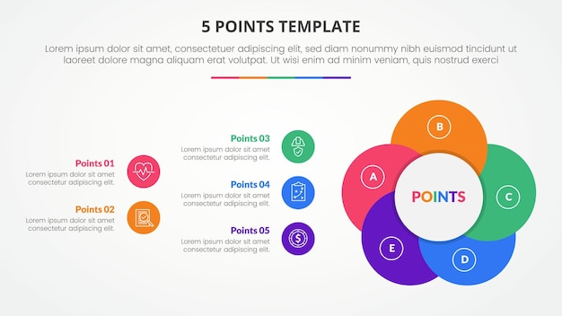 Concepto infográfico de plantilla de escenario de 5 puntos para presentación de diapositivas con forma de flor circular creativa con lista de 5 puntos con vector de estilo plano