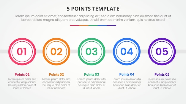 Concepto infográfico de plantilla de escenario de 5 puntos para presentación de diapositivas con un gran círculo horizontal con una lista de 5 puntos con un vector de estilo plano