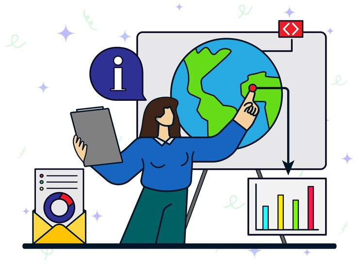 Vector concepto de información de análisis global mujer analizando gráficos financieros globales