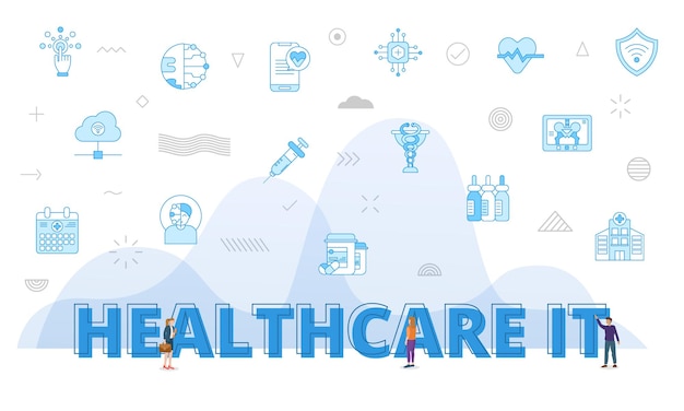 Vector concepto de información de tecnología de ti de atención médica con grandes palabras y personas rodeadas de un icono relacionado con estilo de color azul