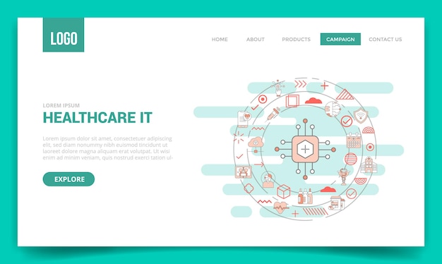 Concepto de información de tecnología de TI de atención médica con icono de círculo para plantilla de sitio web o página de inicio de página de inicio